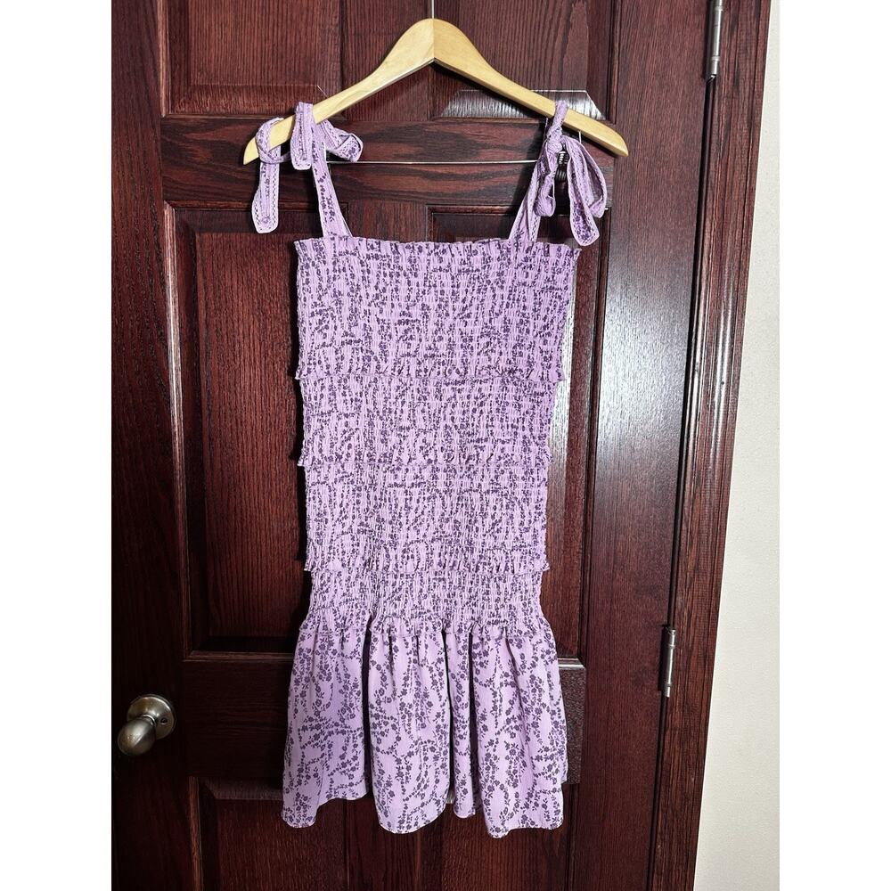 Lavender Floral Smocked Tie Shoulder Mini Dress Coquette Cottagecore NWT L